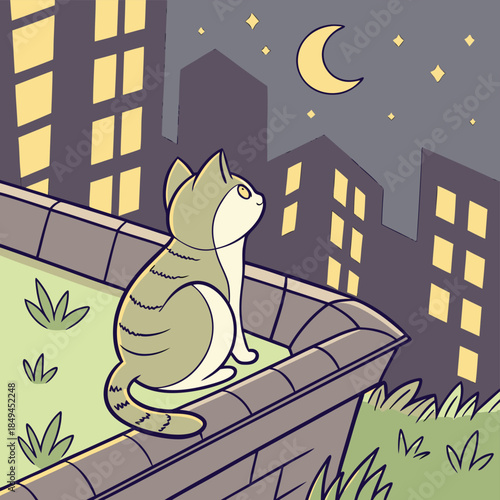 Midnight Pondering: A curious feline sits atop a rooftop, gazing at the enchanting night sky filled with shimmering stars and a crescent moon, as the city sleeps below. 