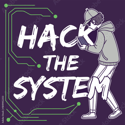 Hack The System: A youthful figure engrossed in digital innovation, examining a tablet with focused determination, amidst a graphical representation. 