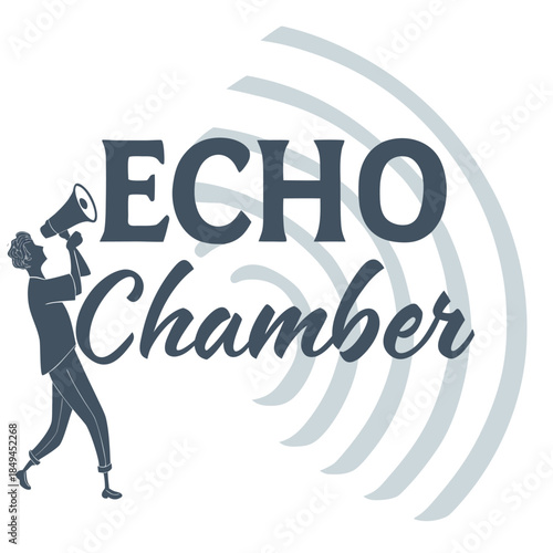 Echo Chamber Concept: A symbolic representation of an Echo Chamber, featuring a silhouette figure amplifying a message within a reverberating auditory landscape, ideal for illustrating groupthink.