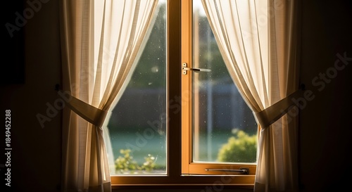 Serene view through window with soft beige curtains and distant trees
