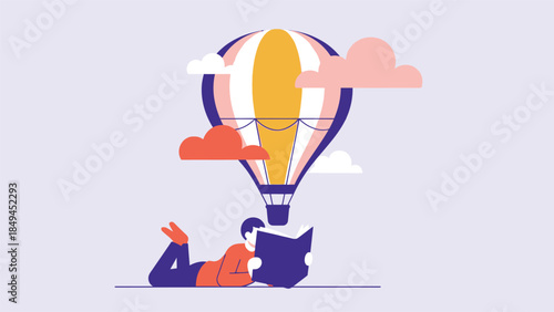 Man relaxing under hot air balloon with clouds