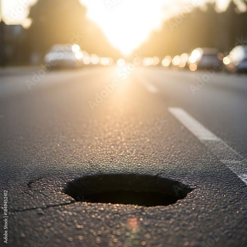 Sunlit asphalt road with damaged surface exposing an unseen deep hole