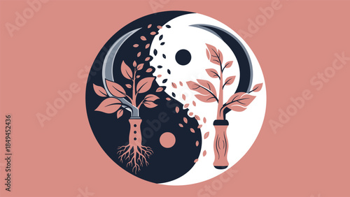 Yin yang symbol with plants representing harmony and balance