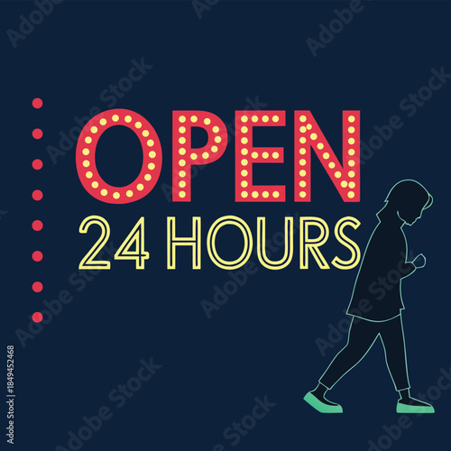 Open 24 Hours Sign: Neon sign display with OPEN 24 HOURS text, a symbol of consistent service and availability. 