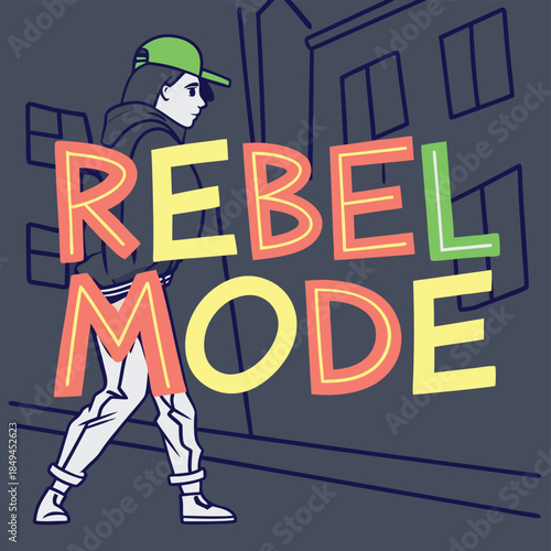 Rebel Mode: A rebellious individual embodies the spirit of nonconformity, striding confidently against a backdrop of urban life and defiance.