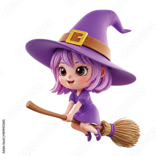 Cute Cartoon Witch Flying on Broomstick on White Background Keywords: witch, wizard, magic