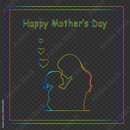A continuous line art silhouette of a mother and child with rainbow colors celebrating mother s day