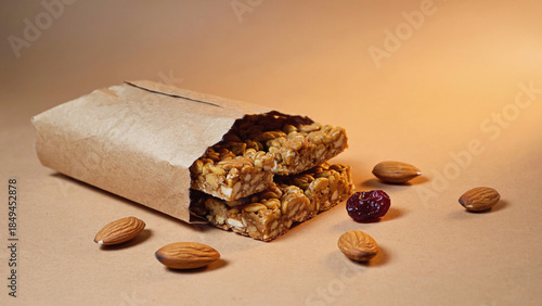 granola bar wrapped in brown kraft paper on table.ai 