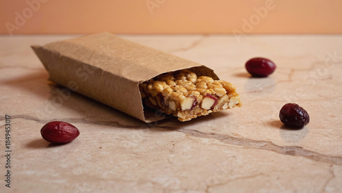 granola bar wrapped in brown kraft paper on table.ai 