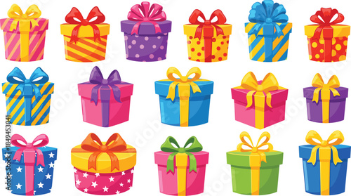 Bright colorful gift box set vector illustration featuring wrapped presents bows ribbons for holidays birthdays celebrations festive design elements