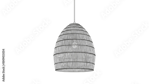 Japandi Woven Pendant Light Elevation, Vector Line Art of Rattan Ceiling Lamp for Architectural Plans and Interior Design