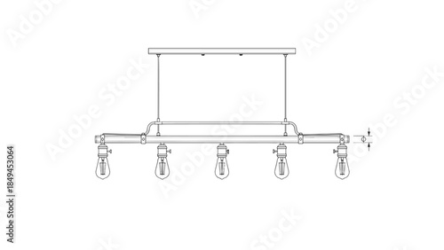Industrial Linear Suspension Light Elevation, Vector Line Art of Kitchen Island Bar Lamp with Exposed Bulbs