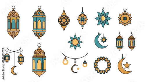 Vibrant Ramadan lanterns and celestial symbols in gold and blue
