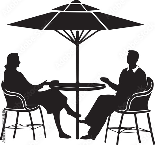 A silhouette illustration of an elderly couple and a businessman sitting at a restaurant table with a computer and newspaper while a man and woman drink coffee in a cafe
