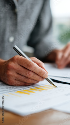 Business analysis finance audit paperwork office work with focused calm mood