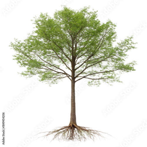 Beautiful tree with lush green leaves stands tall against transparent background, showcasing its intricate branches and roots