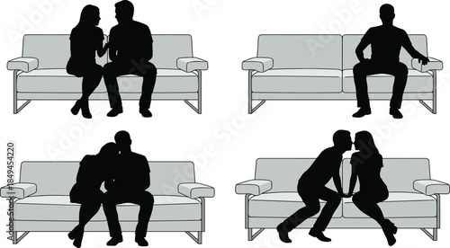 Couple relationship silhouette set on sofa showing conversation separation intimacy and emotional moments isolated vector illustration for lifestyle storytelling design