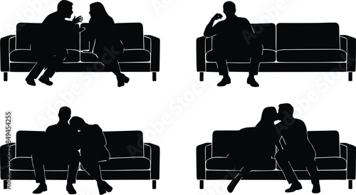 Couple relationship silhouettes sitting on sofa showing conversation loneliness comfort and intimacy moments isolated vector illustration set for storytelling design