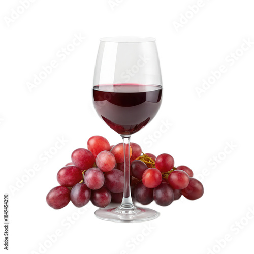 Glass of red wine sits elegantly beside fresh red grapes on transparent background, creating vibrant and inviting scene