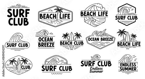 Collection of vintage monochrome surf club and beach life logos.