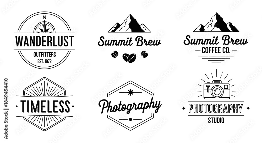 Fototapeta premium Collection of Vintage Style Logos Featuring Mountains, Cameras, and Compass.