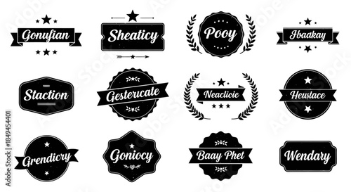 Collection of vintage style badges and labels with various text designs.