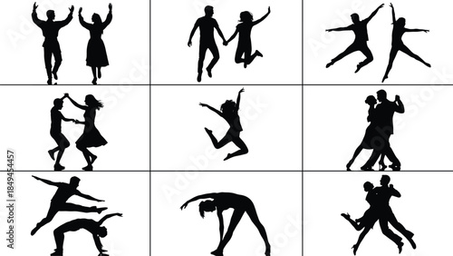 Dance silhouette collection showing couples and solo performers jumping spinning stretching modern ballet jazz moves black vector illustration set