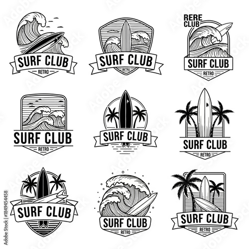Collection of vintage surf club emblems with waves and surfboards.