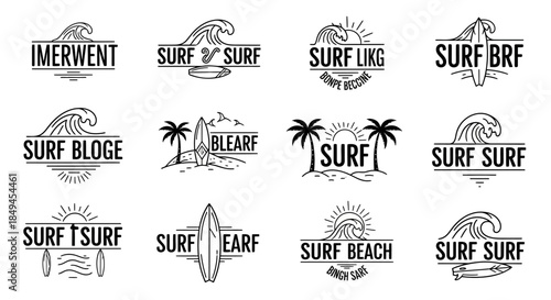 Collection of vintage surf themed emblems and logos with waves and surfboards.