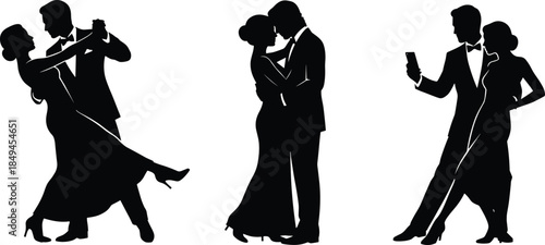 Elegant couple silhouette set dancing kissing and taking selfie in formal evening wear isolated vector illustration for romantic celebration design