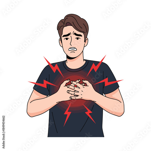 Vector illustration of a man suffering from severe chest pain, clutching his chest. Depicts heart attack symptom, cardiac discomfort, or health issue