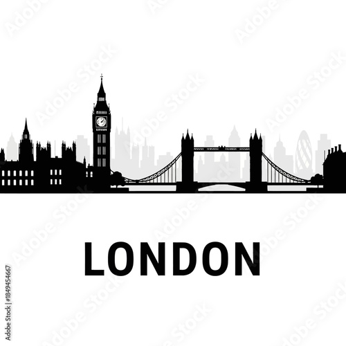 London Skyline Silhouette with Big Ben and Tower Bridge.