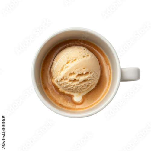 Creamy ice cream sits atop rich espresso in white cup against transparent background, creating delightful dessert experience