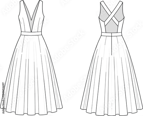 Elegant sleeveless evening dress technical fashion illustration showing front and back views with pleated skirt and crossed back straps design