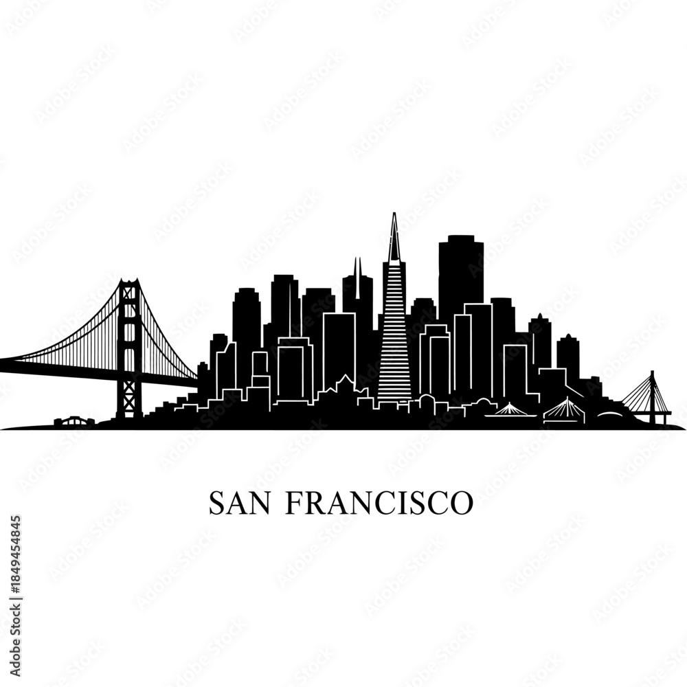 Fototapeta premium San Francisco Skyline Silhouette with Golden Gate Bridge and City Buildings.