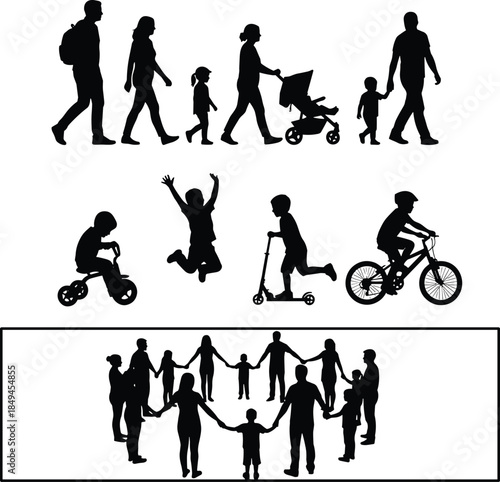 Family silhouette illustration showing parents children walking playing cycling together representing life stages unity community growth across generations and togetherness