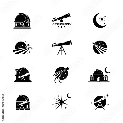 Set of black and white observatory and astronomy icons.