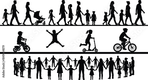 Family silhouette illustration showing parents children walking playing cycling holding hands symbolizing life stages unity community growth across generations togetherness