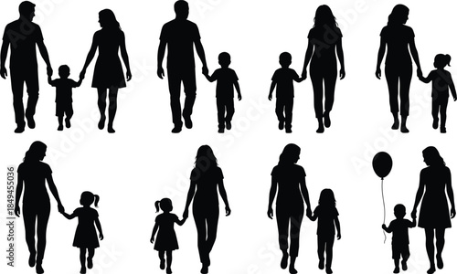Family walking silhouette set with parents and children holding hands isolated vector illustration for parenting lifestyle togetherness concepts