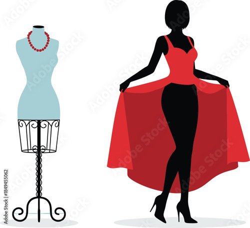 Fashion illustration showing dress mannequin and elegant woman wearing red gown representing style tailoring design couture femininity glamour vector art