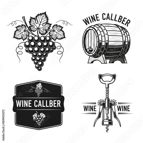 Set of vintage monochrome wine production emblems and icons.