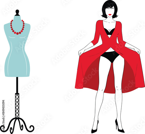 Fashion illustration with dress mannequin and stylish woman wearing red robe lingerie showcasing couture design glamour femininity vector art concept