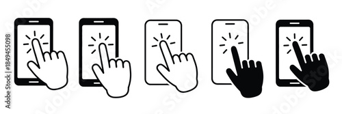 Hand touch screen smartphone icon, finger tapping mobile device, vector illustration for app interface, digital interaction, technology concept, touchscreen gesture, user interface design