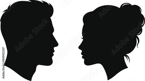 Male and female face profile silhouettes facing each other minimal black vector illustration representing communication relationship identity concept symbolism design