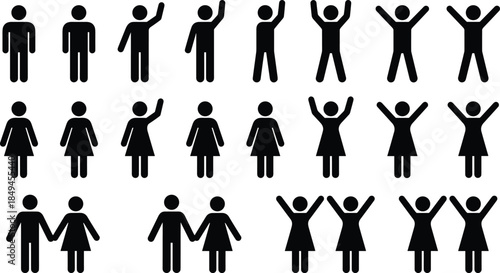 People silhouette icon set showing men women standing cheering gestures couples diversity community human figures symbols collection flat vector design