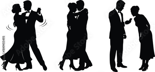 Romantic couple silhouette collection dancing embracing and checking phone in elegant formal outfits isolated vector illustration for love celebration concepts