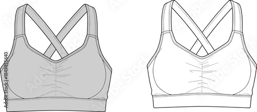 Sports bra technical illustration showing front and back views crisscross straps athletic wear design template vector fashion apparel sewing sketch