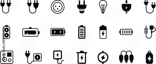 Electrical power and charging icons collection showing plugs, batteries, sockets, adapters, energy symbols, technology elements and utility components in simple black design