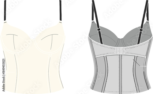 Women corset lingerie technical fashion illustration showing front and back views with bustier structure seams straps and shaping details vector