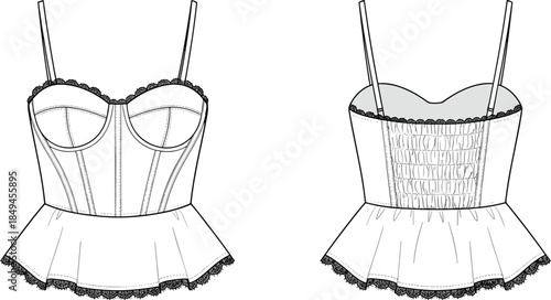 Women corset peplum top vector illustration with front back views lingerie fashion technical sketch elegant apparel sewing pattern